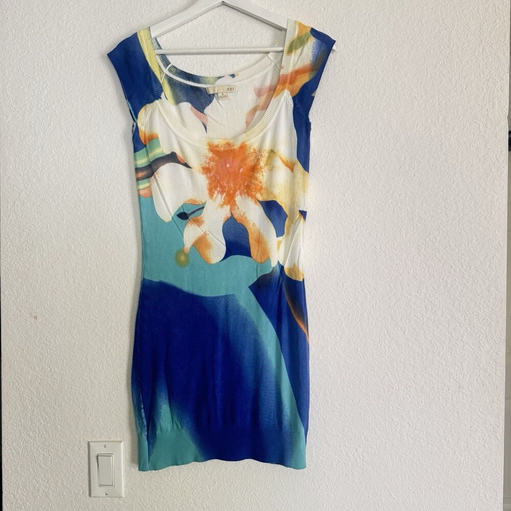 XXI Mini Dress Size S Sea Blue Multicolor Round Neck Bodycon Short Sleeve Fitted